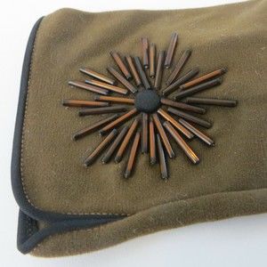 VTG HANSEN Gloves Starburst Beaded Brown Wrist Dainty 8-7/8" Long Black Edging